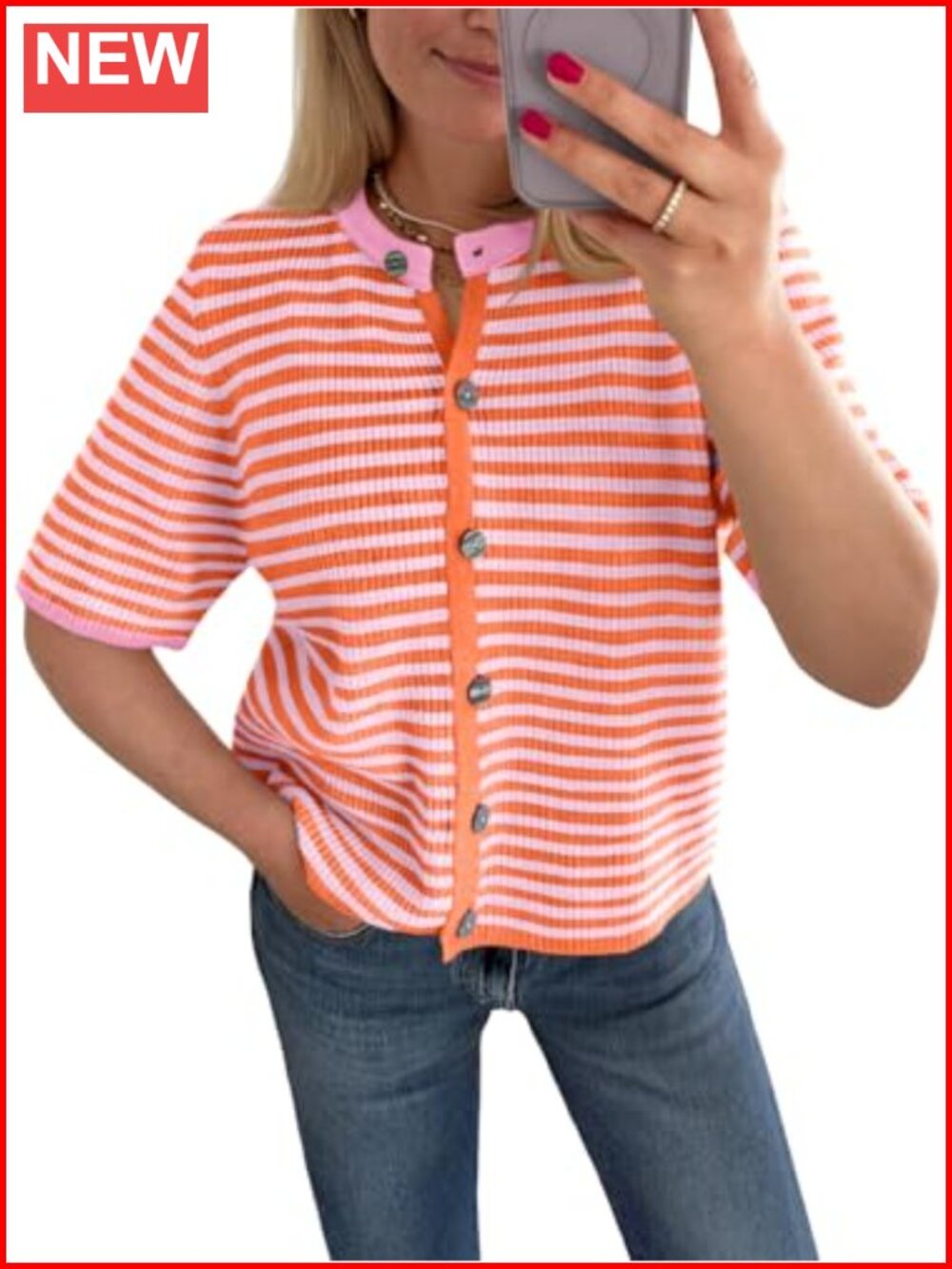 Women's Short Sleeve Striped Button Down Cardigan Sweater Lightweight Knit